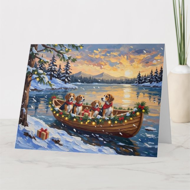 Beagle Christmas Boat Holiday Karte (Vorderseite)