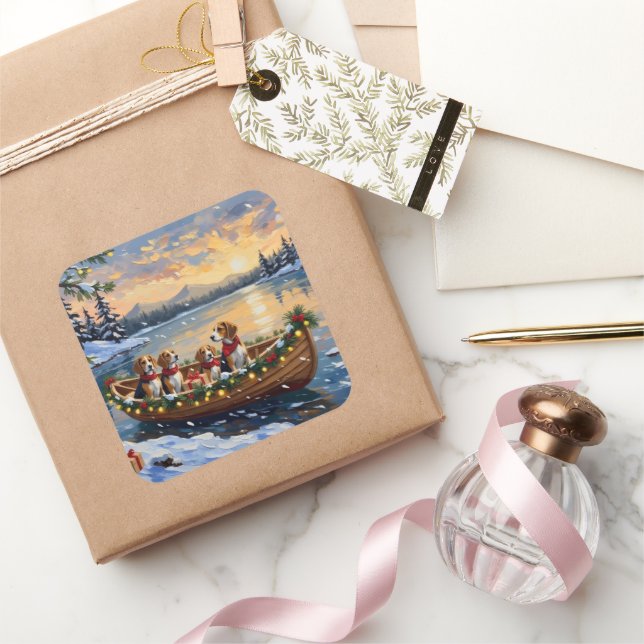 Beagle Christmas Boat Holiday Quadratischer Aufkleber (Schenken)