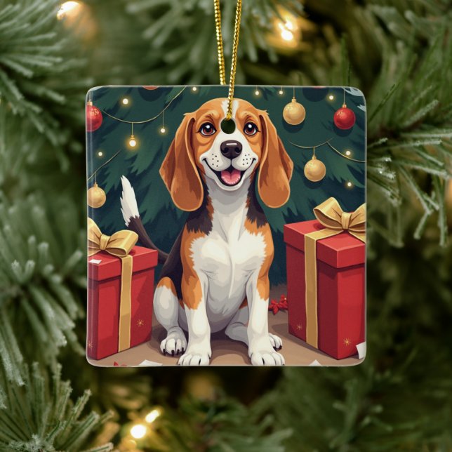 Beagle Christmas Morning Gift-Unboxing Painting Keramikornament (Baum)