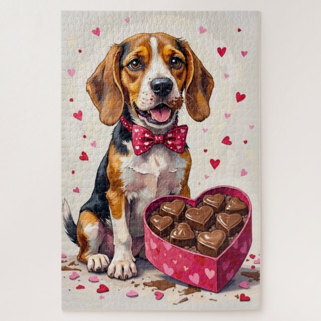 Beagle Devouring Valentine's Chocolate Box Puzzle (Vertikal)