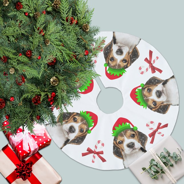 Beagle Dog Elves Candy Canes | weiß Polyester Weihnachtsbaumdecke (Von Creator hochgeladen)