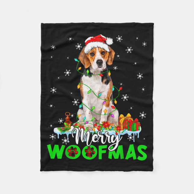 Beagle Dog Merry Woofmas Funny Xmas Lights Santa H Fleecedecke (Vorderseite)