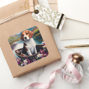 Beagle Dog on a Paddle: Ein Landschaftliches Abent Quadratischer Aufkleber