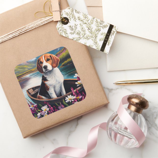 Beagle Dog on a Paddle: Ein Landschaftliches Abent Quadratischer Aufkleber (Schenken)