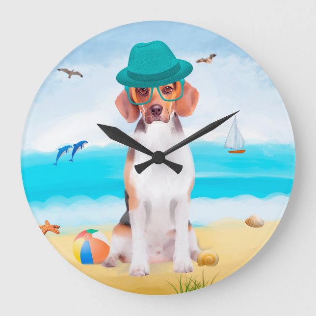 Beagle Dog on Beach Große Wanduhr (Vorderseite)