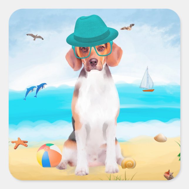 Beagle Dog on Beach Quadratischer Aufkleber (Vorderseite)