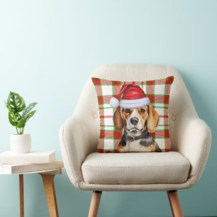 Beagle Dog Red Green Holiday Kariert Weihnachten Kissen