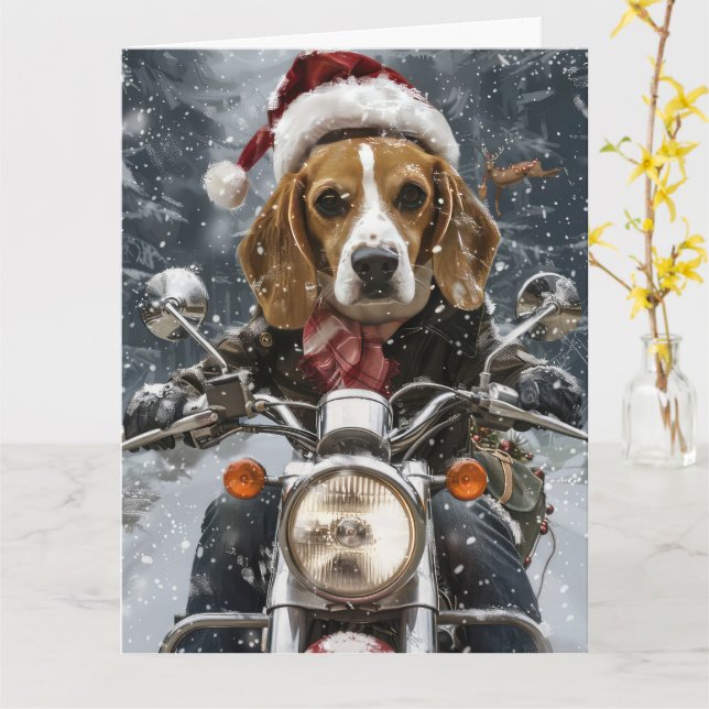 Beagle Dog Riding Motorrad Weihnachten Karte (Gelbe Blume)