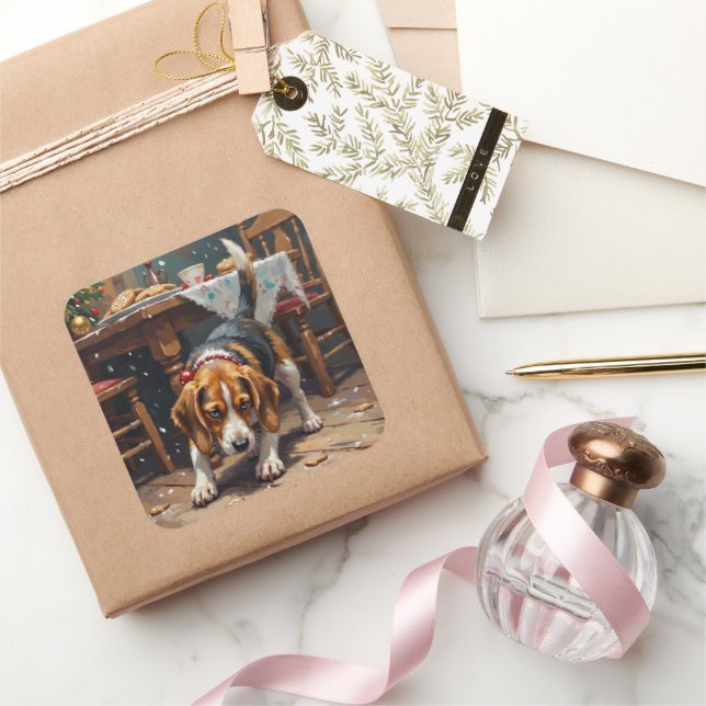Beagle Dog Tracking Gingerbread Christmas Fun Art Quadratischer Aufkleber (Schenken)
