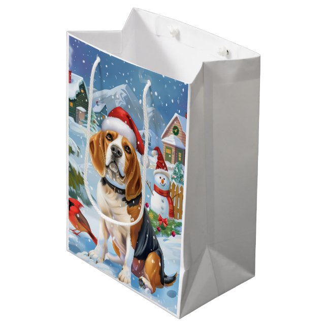 Beagle Dog Winter Wonderland Weihnachtsfreude Mittlere Geschenktüte (Vorderseite Schrägansicht)