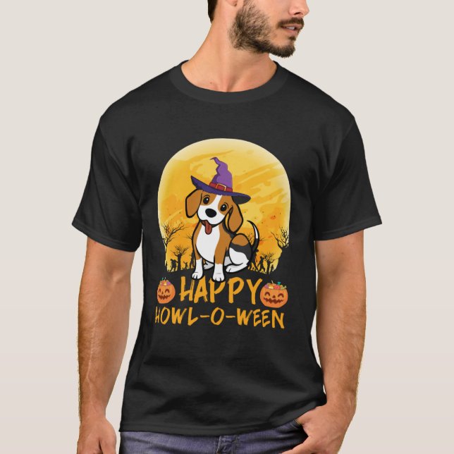 Beagle Dog Witch Scary Moon Halloween Happy Howl o T-Shirt (Vorderseite)