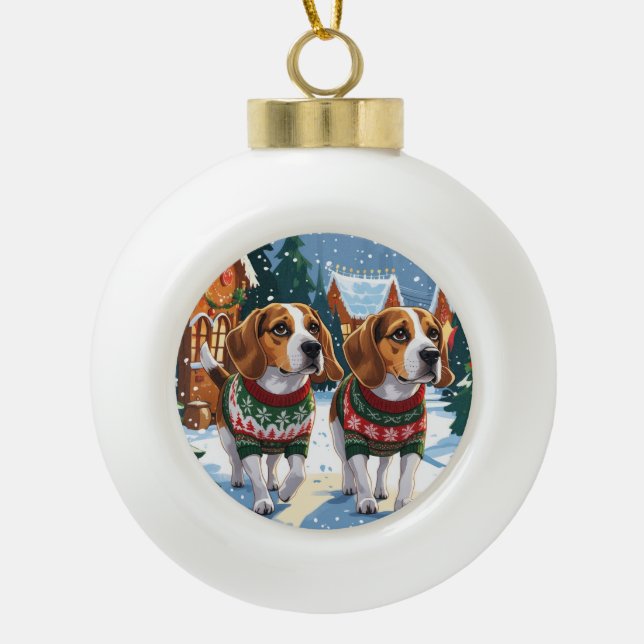 Beagle Dogs Christmas Snow Holiday Keramik Kugel-Ornament (Vorderseite)