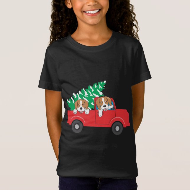 Beagle fahren mit einem roten LKW Beagle Weihnacht T-Shirt (Vorderseite)