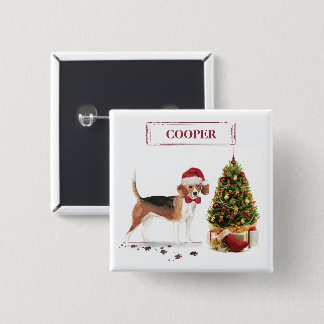 Beagle Funny Christmas Dog mit Baum Button (Vorne & Hinten)