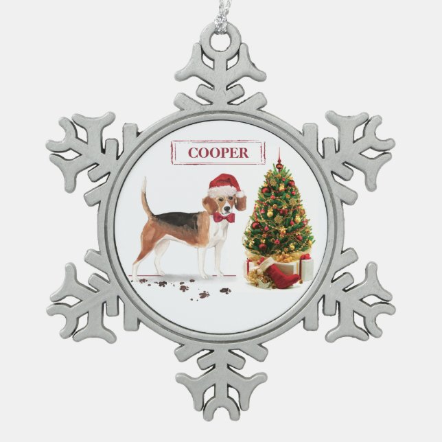 Beagle Funny Christmas Dog mit Baum Schneeflocken Zinn-Ornament (Vorderseite)