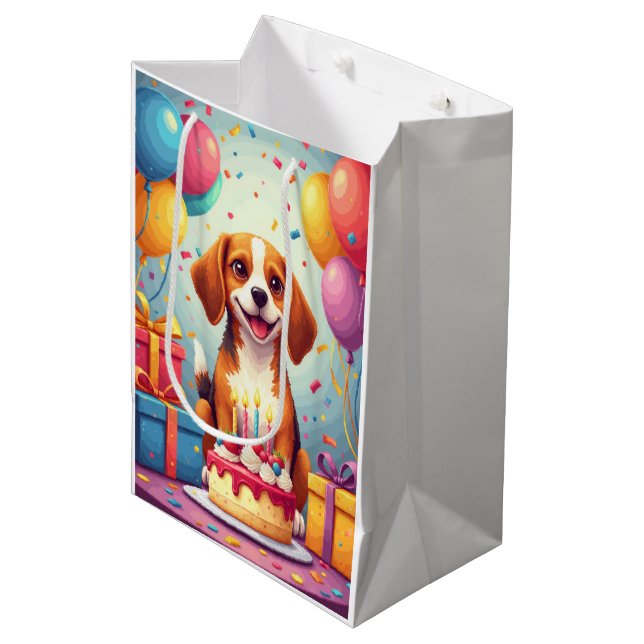 Beagle-Geburtstagsfeier Mittlere Geschenktüte (Vorderseite Schrägansicht)