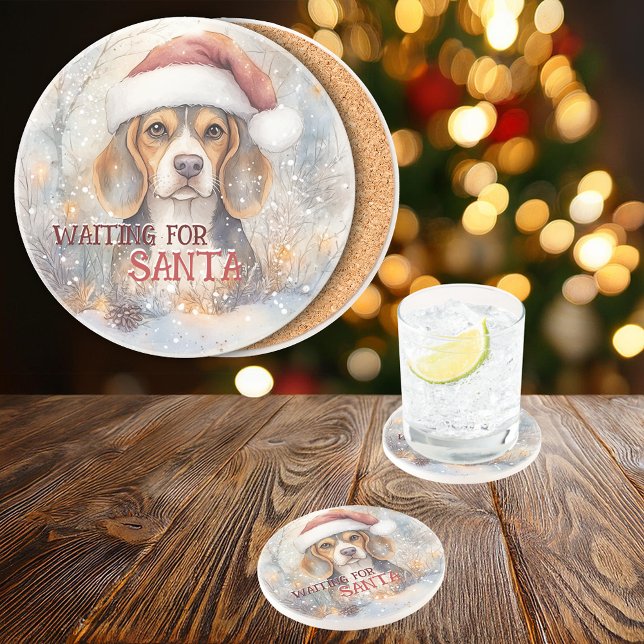 Beagle Gewartet Weihnachten Getränkeuntersetzer (Beagle Waiting For Santa Watercolor Christmas Coaster. Personalize it!)