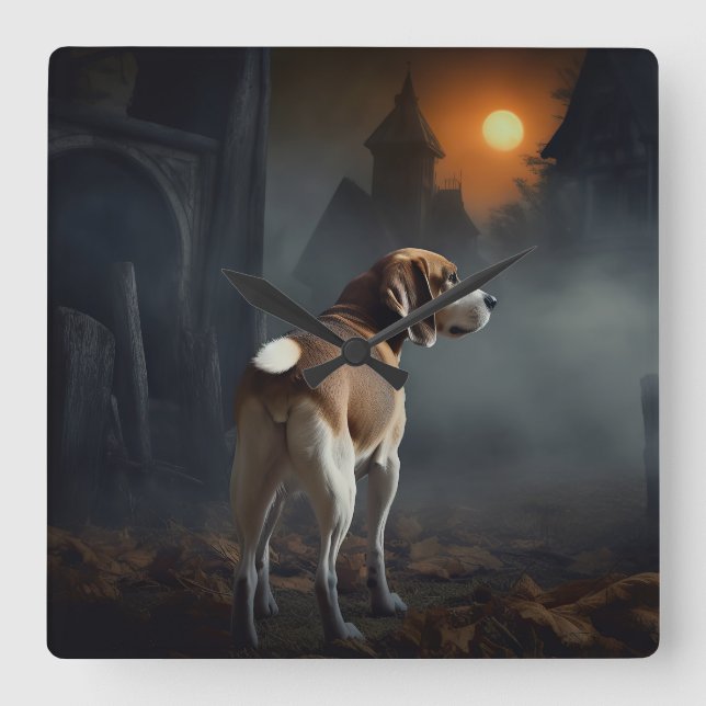 Beagle Halloween Beängstigend Quadratische Wanduhr (Vorderseite)