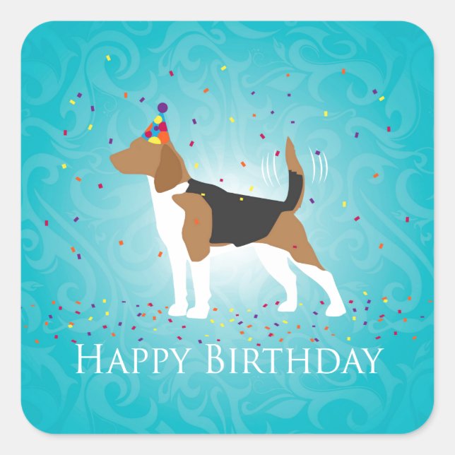 Beagle Happy Birthday Design Quadratischer Aufkleber (Vorderseite)