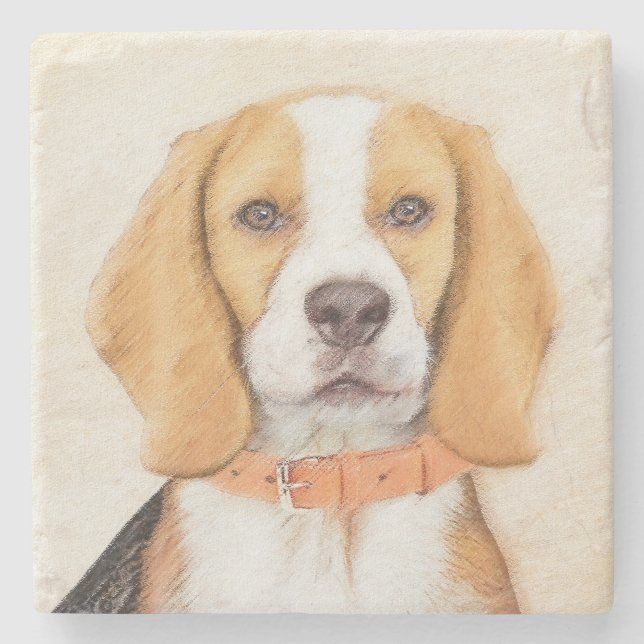 Beagle Hound Dog Malerei Original Tierart Steinuntersetzer (Vorderseite)