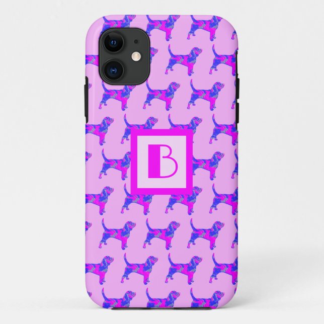 Beagle Hound Dog Pink & Blue Silhouette Monogramm Case-Mate iPhone Hülle (Rückseite)