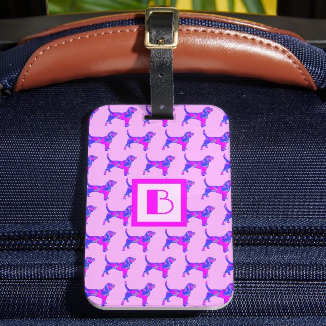 Beagle Hound Dog Pink & Blue Silhouette Monogramm Gepäckanhänger (Vorderseite Insitu 2)