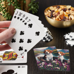 Beagle-Hund auf einem Paddel: Ein landschaftliches Spielkarten