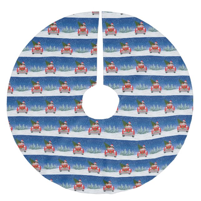 Beagle Hund Auto im Schnee Polyester Weihnachtsbaumdecke (Vorderseite)