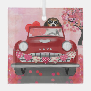 Beagle Hund Auto mit Herzvalentiner Ornament Aus Glas