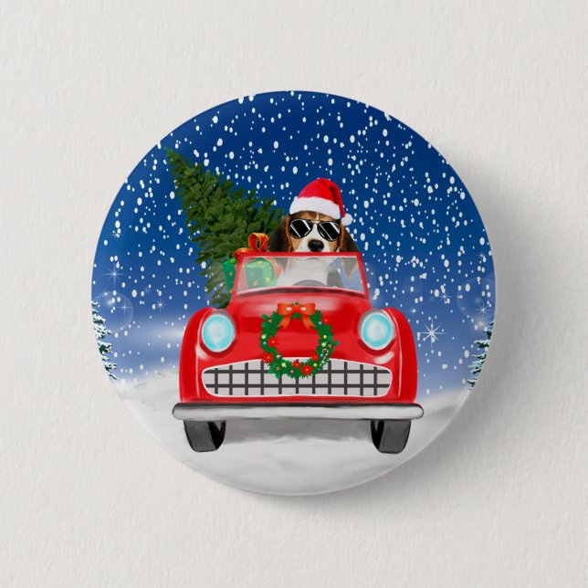 Beagle Hund Autofahren im Schnee Weihnachten Button (Vorderseite)
