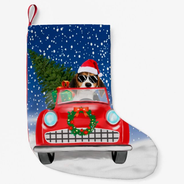 Beagle Hund Autofahren im Schnee Weihnachten Kleiner Weihnachtsstrumpf (Vorderseite)