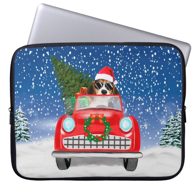 Beagle Hund Autofahren im Schnee Weihnachten Laptopschutzhülle (Vorderseite)