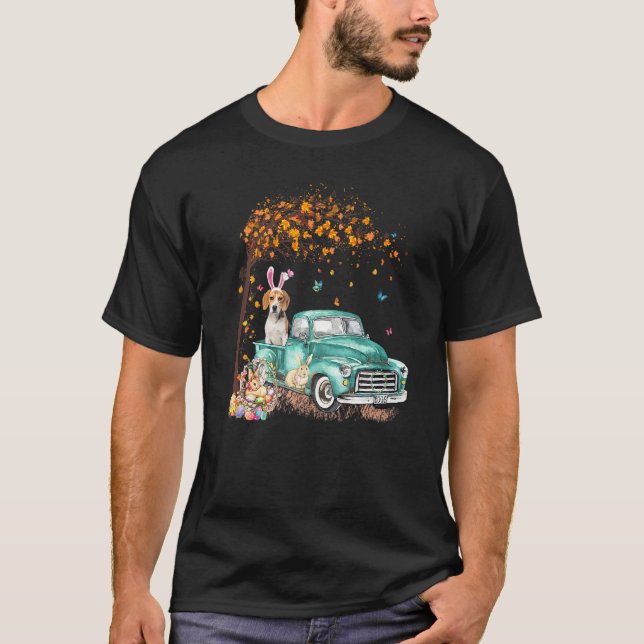 Beagle Hund Bunny Truck Hippie Hunt Egg Tree Easte T-Shirt (Vorderseite)