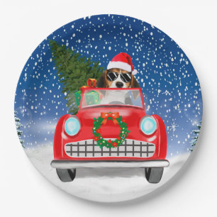 Beagle Hund fährt Auto im Schnee Weihnachten Pappteller