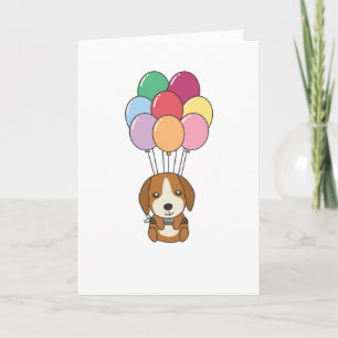 Beagle Hund fliegt mit farbenfrohen Balloons Karte