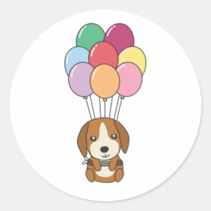 Beagle Hund fliegt mit farbenfrohen Balloons Runder Aufkleber