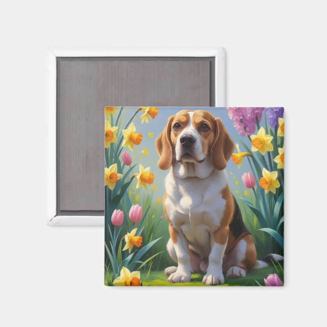 Beagle-Hund-Frühlingsblumen-Gemälde  Magnet (Vorderseite/Rückseite)