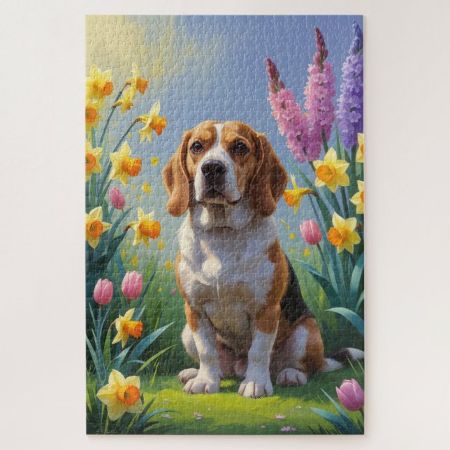 Beagle-Hund-Frühlingsblumen-Gemälde  Puzzle (Vertikal)
