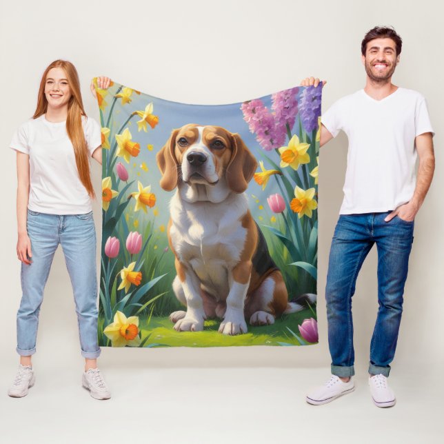 Beagle-Hund Frühlingsblumen Malerei Fleecedecke (Beispiel)