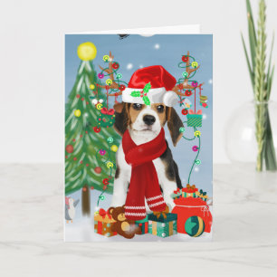 Beagle Hund im Schnee mit Weihnachtsgeschenken Karte