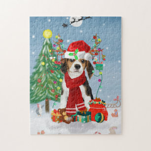 Beagle Hund im Schnee mit Weihnachtsgeschenken Puzzle
