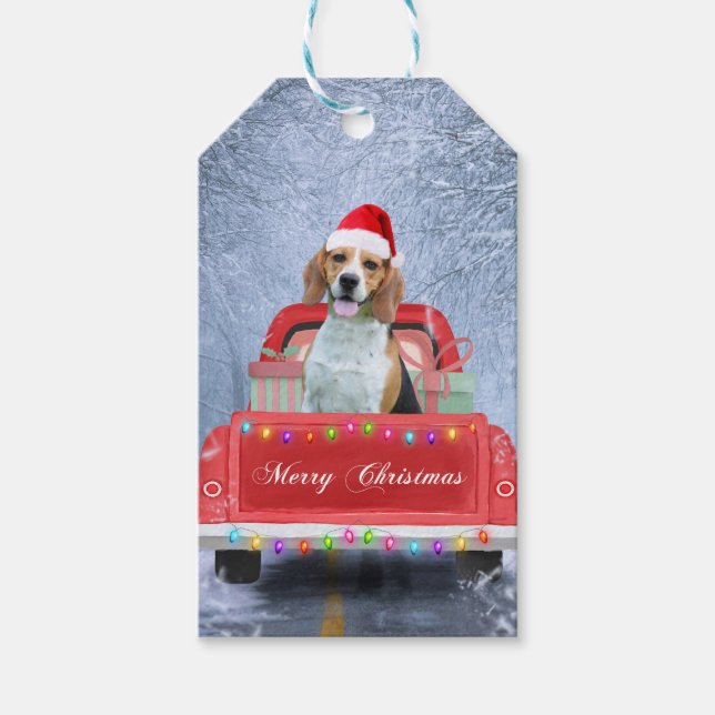 Beagle Hund im Schnee sitzen im Weihnachtswagen Geschenkanhänger (Vorderseite)