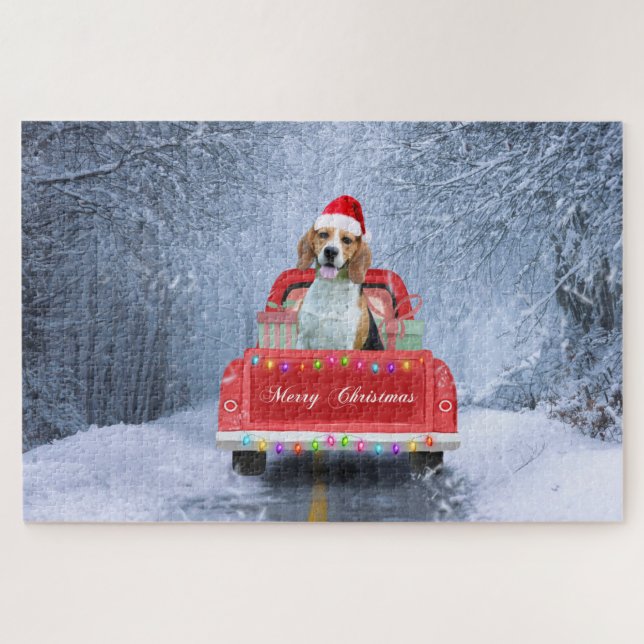 Beagle Hund im Schnee sitzen im Weihnachtswagen Puzzle (Horizontal)