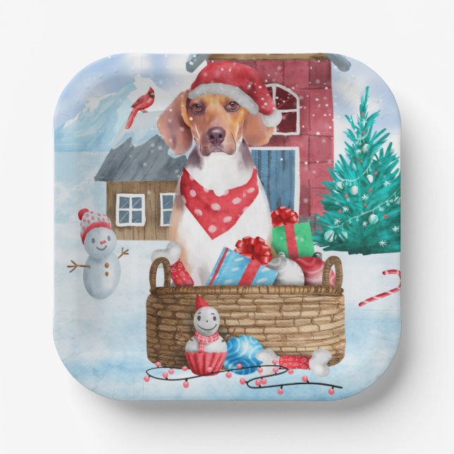 Beagle Hund im Schnee Weihnachtshundehaus Pappteller (Vorderseite)