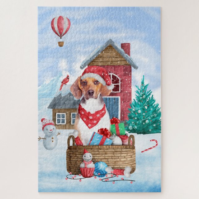Beagle Hund im Schnee Weihnachtshundehaus Puzzle (Vertikal)