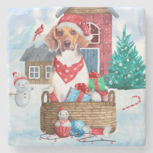 Beagle Hund im Schnee Weihnachtshundehaus Steinuntersetzer