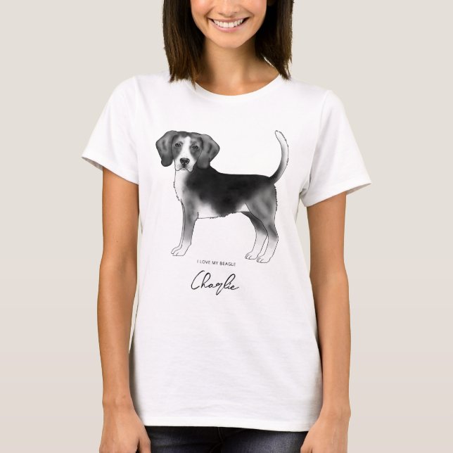 Beagle Hund in Schwarz/Weiß und benutzerdefinierte T-Shirt (Vorderseite)