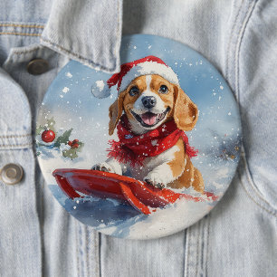 Beagle Hund in Sledge Lass es Schnee Weihnachten Button