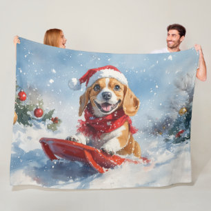 Beagle Hund in Sledge Lass es Schnee Weihnachten Fleecedecke