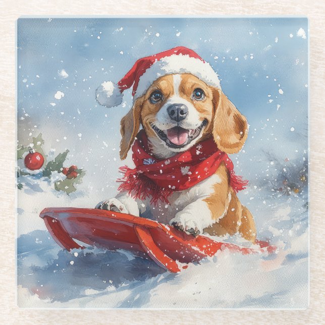 Beagle Hund in Sledge Lass es Schnee Weihnachten Glasuntersetzer (Vorderseite)